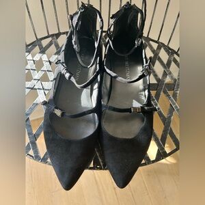 Stuart Weitzman Black Suede adjustable strap flats
